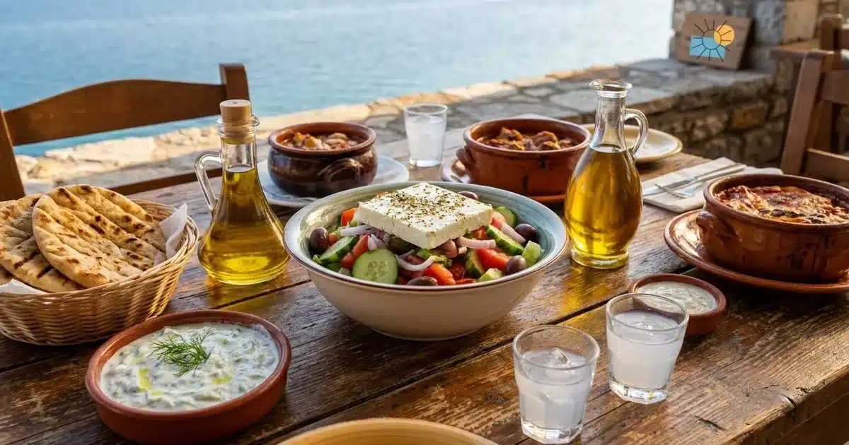 שולחן מאכלים יווניים מסורתיים בטברנה בצפון יוון